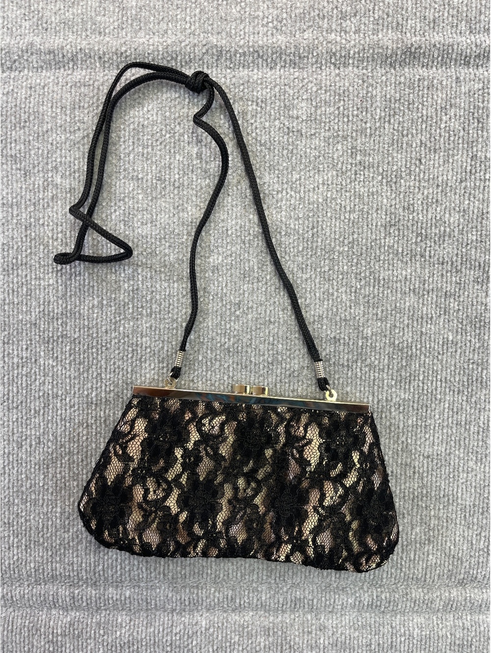 Black Lace Clasp Evening Bag Shoulder Strap Satin Lining Purse Clutch